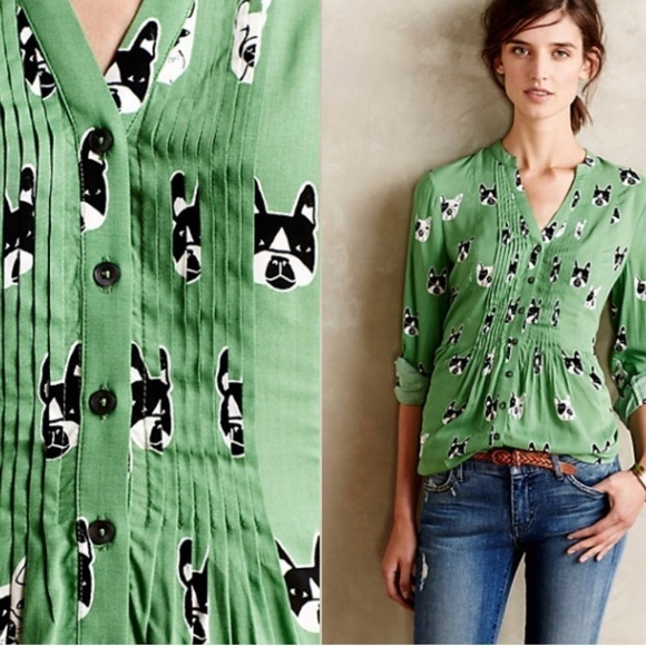 Maeve Anthropologie French bull dog blouse size 0 green - Picture 7 of 7